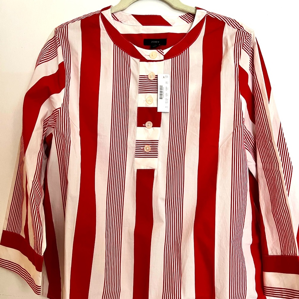 J Crew Red and white striped button front cotton shirt size M Medium NWT